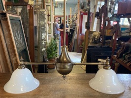 Repro Florentine bronze 2 arm light with white gloss glass shades, 100cm H x 63cm W (L99) $145 salvaged vintage recycled, demolition, reproduction, restoration, home renovation secondhand, used , original, old, reclaimed, heritage, antique, victorian, art nouveau edwardian georgian art deco