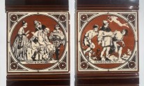 Detail of Shakespearean series two panel fireplace tile set, design first registered 1880, artist Henry Stacey Marks, tile #5 Falstaff in the laundry basket (from The Merry Wives of Windsor) and tile #6 Caliban, Stephano and Trinculo (from The Tempest) (OTB314) two panel set $825 salvaged vintage recycled, demolition, reproduction, restoration, home renovation secondhand, used , original, old, reclaimed, heritage, antique, victorian, art nouveau edwardian georgian art deco
