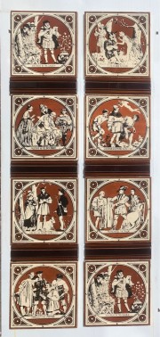 Shakespearean series two panel fireplace tile set, designed by artist Henry Stacy Marks, first registered c1880, made by Steele and Wood, England. tile #1 Parolles eyes unbound (from All's Well That Ends Well) and tile #2 Malvolio in the garden (from Twelfth Night, tile #3 Touchstone, Audrey and William (from As You Like It) and tile #4 Petruchio and the tailor (from The Taming of the Shrew), tile #5 Falstaff in the laundry basket (from The Merry Wives of Windsor) and tile #6 Caliban, Stephano and Trinculo (from The Tempest), tile #7 Malvolio in the garden (from Twelfth Night) and tile #8 Titania and Bottom (from A Midsummer Night's Dream) Rare set, two tiles with small repairs, (OTB314) $825 salvaged vintage recycled, demolition, reproduction, restoration, home renovation secondhand, used , original, old, reclaimed, heritage, antique, victorian, art nouveau edwardian georgian art deco