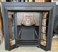 Lovely original Art Nouveau fire insert with Florentine bronze hood, fully restored at Feds, 960 W x 965 H (F125) $765 plus tiles of your choice salvaged vintage recycled, demolition, reproduction, restoration, home renovation secondhand, used , original, old, reclaimed, heritage, antique, victorian, art nouveau edwardian georgian art deco