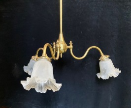 Detail of three arm brass pendant light with matte white fluted frilly shades, 870mm H x 800m diam (L104) $145 salvaged vintage recycled, demolition, reproduction, restoration, home renovation secondhand, used , original, old, reclaimed, heritage, antique, victorian, art nouveau edwardian georgian art deco