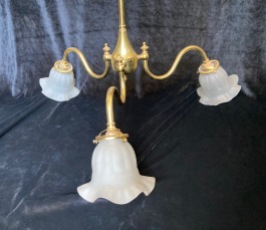 Detail of three arm brass pendant light with matte white shades, 870mm H x 800m diam (L105) $145 salvaged vintage recycled, demolition, reproduction, restoration, home renovation secondhand, used , original, old, reclaimed, heritage, antique, victorian, art nouveau edwardian georgian art deco