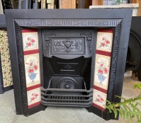Restored reproduction fire insert with tiles included, 960 W x 970 H (F128) $745 salvaged vintage recycled, demolition, reproduction, restoration, home renovation secondhand, used , original, old, reclaimed, heritage, antique, victorian, art nouveau edwardian georgian art deco