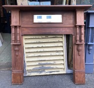 Original turned pillar timber mantelpiece with bevelled mirror, top shelf 1470 W x 290 D, height 1410, opening 945 W x 920 H (M95) $440 salvaged vintage recycled, demolition, reproduction, restoration, home renovation secondhand, used , original, old, reclaimed, heritage, antique, victorian, art nouveau edwardian georgian art deco