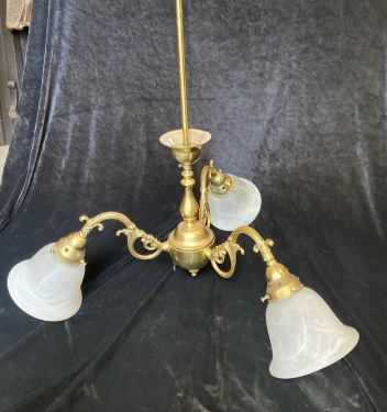 Ornate 3 arm brass pendant light with swirly white matte shades, 780mm H x 700mm diam (L114) $185 salvaged vintage recycled, demolition, reproduction, restoration, home renovation secondhand, used , original, old, reclaimed, heritage, antique, victorian, art nouveau edwardian georgian art deco