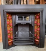 Original #18 fire insert with good quality casting, 965 x 965 (F112) $875 PLUS uncommon continuous English feature tiles, c1900, moulded flower pot design, teapot brown with deep pink flowers with green foliage. Top edges had been cropped to fit in fireplace, not visible in most cast iron inserts. Two panel fireplace set $350 (SET 421) *** tiles and fire insert can be sold separately, salvaged, recycled, demolition, reproduction, restoration, home renovation secondhand, used , original, old, reclaimed, heritage, antique, victorian, art nouveau edwardian, georgian, art deco