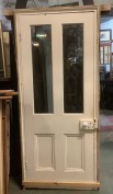 Four panel timber door with frame, two glass panels, frame size is 2100mm H x 920mm W (D168) $440 salvaged vintage recycled, demolition, reproduction, restoration, home renovation secondhand, used , original, old, reclaimed, heritage, antique, victorian, art nouveau edwardian georgian art deco