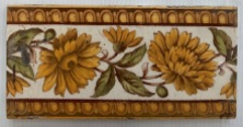 English made Aesthetic period sunflower tiles. 3 x 6 inch. a gouge on each yet still quite rare hand tinted print tiles, 2 available (SB) $10 each salvaged, recycled, demolition, reproduction, restoration, home renovation secondhand, used , original, old, reclaimed, heritage, antique, victorian, art nouveau edwardian, georgian, art deco