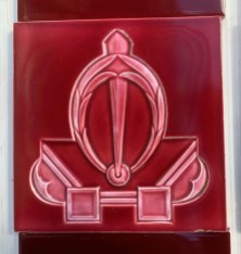 salvaged, recycled, demolition, reproduction, restoration, home renovation secondhand, used , original, old, reclaimed, heritage, antique, victorian, art nouveau edwardian, georgian, art deco Circa 1920, original uncommon Art Deco moulded feature tile, burgundy glaze, $230 for two panel set (OTB326)