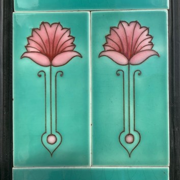 Detail of Rare Malkin Tile Co. England c 1910-1930 Collector tiles. Hand tubeline design, pink flower on aqua glaze. Two panel fireplace set $440. (SET532) Possible to sell as separate feature tiles salvaged, recycled, demolition, reproduction, restoration, home renovation secondhand, used , original, old, reclaimed, heritage, antique, victorian, art nouveau edwardian, georgian, art deco
