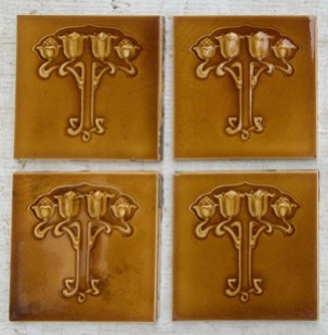 Original T and R Boote, England, Art Nouveau moulded feature tiles, c1905. stylised flowers, amber glaze. 152 x 152 x 10mm. (SET512), 5 available $35 each. Some small chips / light scratches in glaze, salvaged vintage recycled, demolition, reproduction, restoration, home renovation secondhand, used , original, old, reclaimed, heritage, antique, victorian, art nouveau edwardian georgian art deco